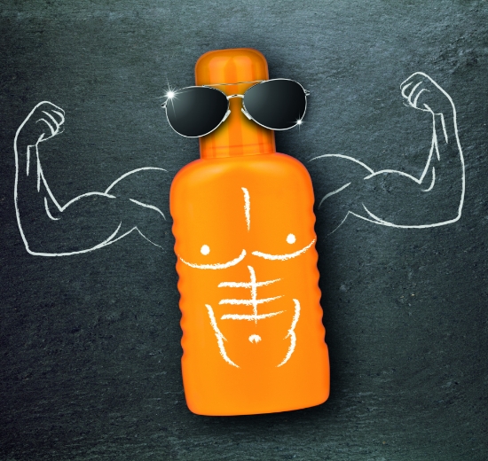 Sonnencremeflasche mit Sonnenbrille. 